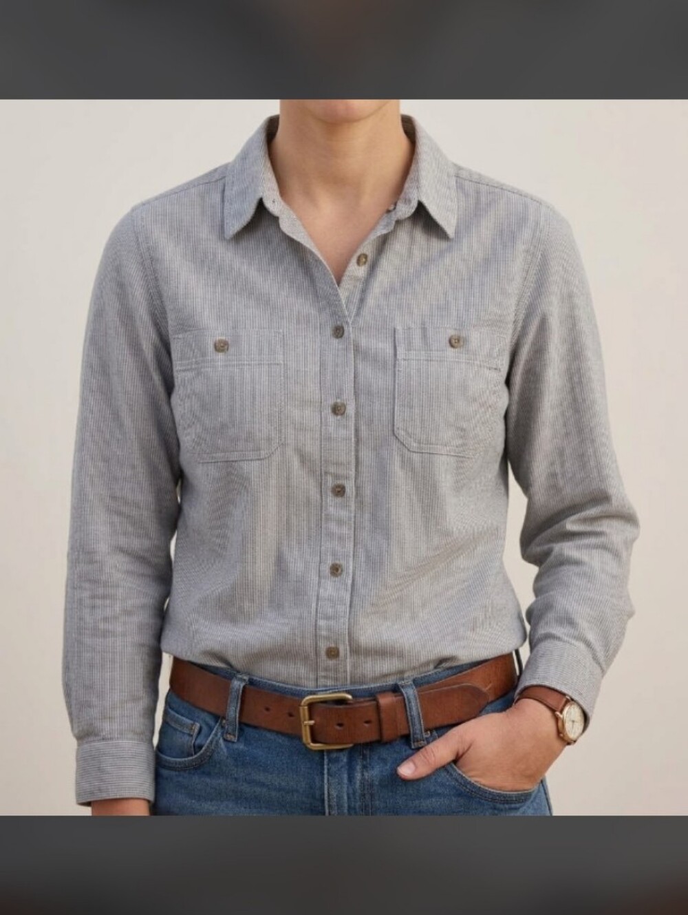Bit & Bridle Shirt Womens Work Ride Cotton Denim Hickory Railroad Stripe M